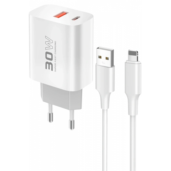 Mey İthalat®  C89Q 1 Adet 30W Type-C ve 1 Adet 22.5W USB Çıkışlı Ekstra DL48 1M USB to Lightning Kablolu PD Şarj Cihazı - Beyaz
