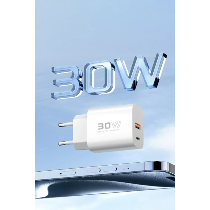 Mey İthalat®  C89Q 1 Adet 30W Type-C ve 1 Adet 22.5W USB Çıkışlı Ekstra DL49 1M USB to Type-C Kablolu PD Şarj Cihazı - Beyaz