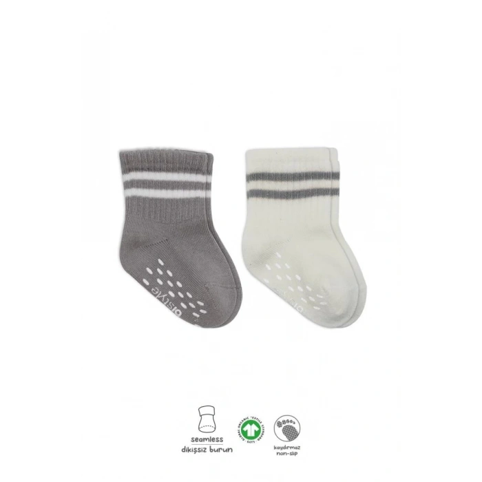 Mey İthalat®   Çemberli Kaymaz Soket Çorap 2Li BS10125 Gri Ekru