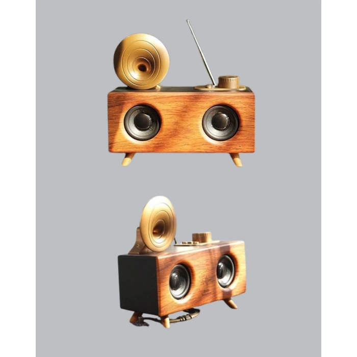 Mey İthalat® Çift Hoparlörlü Bluetooth Gramofon Speaker – FM Radyo, USB, SD Kart ve AUX Girişli