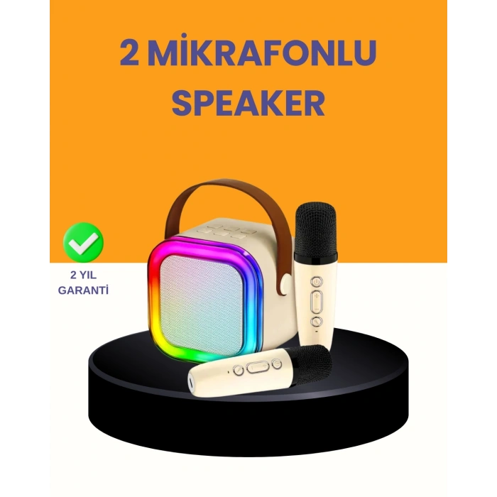 Mey İthalat® Çift Mikrofonlu Kompakt Karaoke Hoparlör – Uzun Pil Ömrü