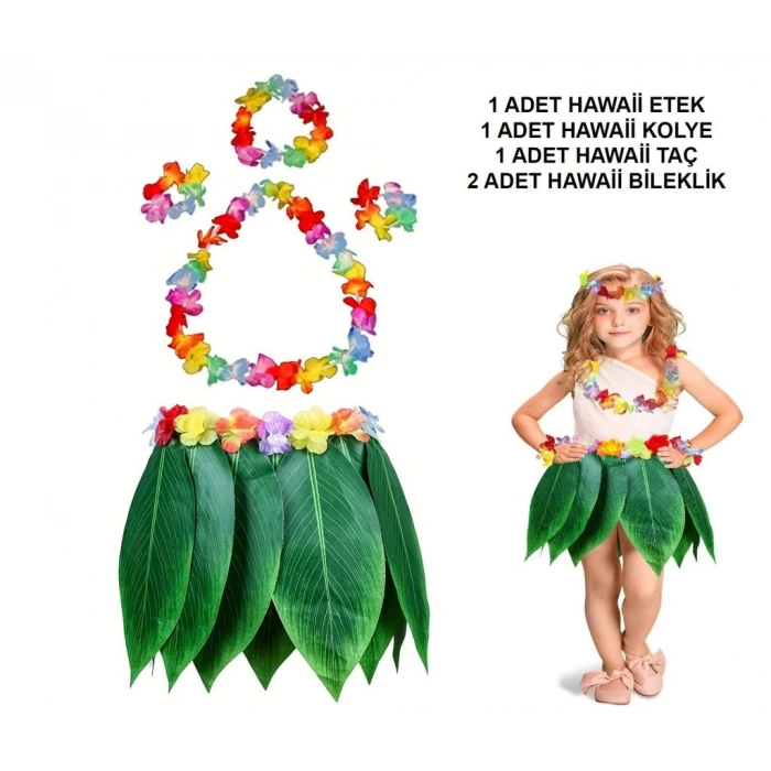 Mey İthalat® Çocuk Hawaii Kostüm Seti - Yaprak Etek & Hawaii Set - 5 Parça