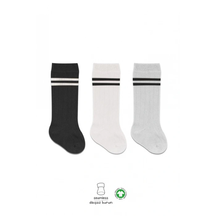 Mey İthalat®   Derby Dizaltı Çorap 3Lü BS40101 Siyah Ekru Gri Çemberli