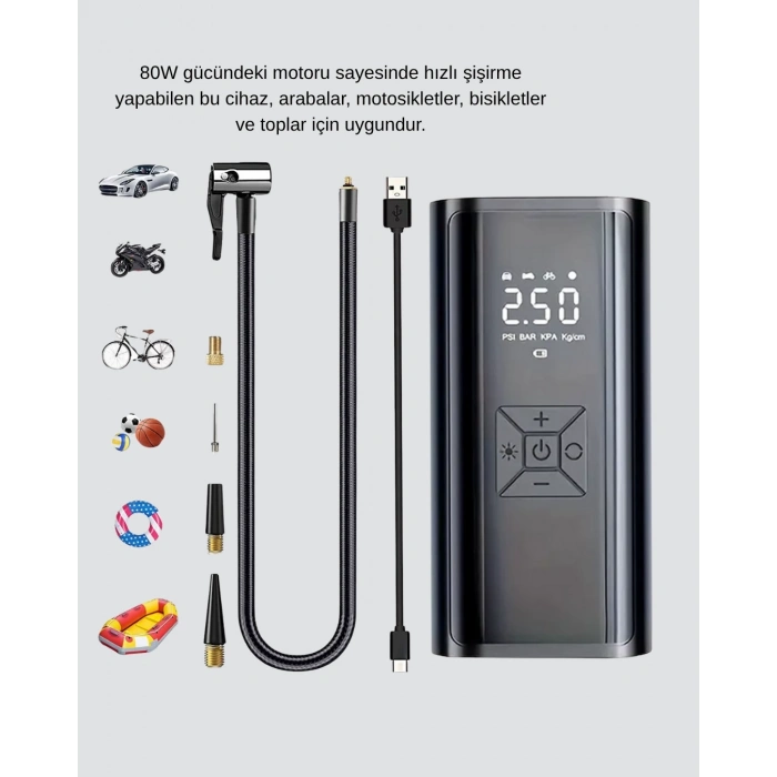 Mey İthalat® Dijital Ekranlı Kablosuz Hava Pompası LED Işıklı 12V 80W