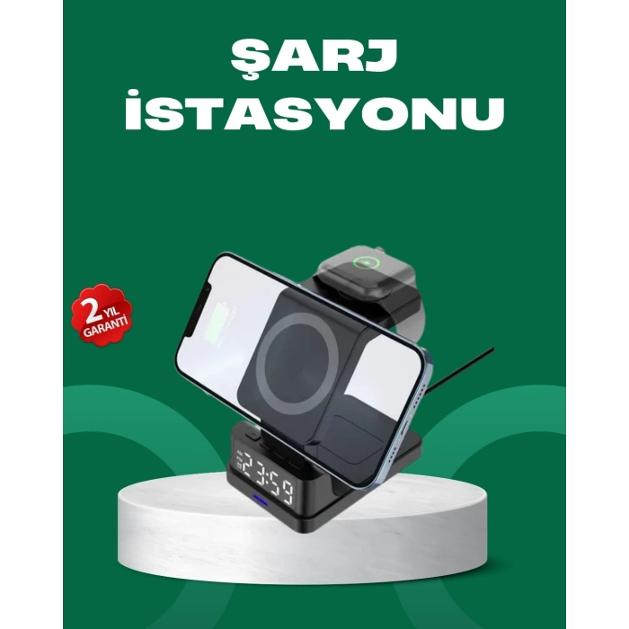 Mey İthalat® Dijital Saatli Kablosuz Şarj İstasyonu – 3’ü 1 Arada Apple Uyumlu Hızlı Şarj ve LED Ekran