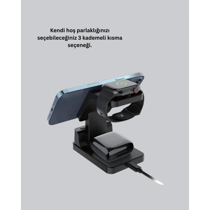 Mey İthalat® Dijital Saatli Kablosuz Şarj İstasyonu – 3’ü 1 Arada Apple Uyumlu Hızlı Şarj ve LED Ekran