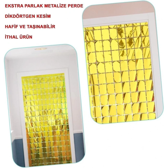 Mey İthalat®  Ekstra Metalize Altın Renk Disko Dikdörtgen Kesim Kapı Perdesi Dekorasyon 1x2 Metre