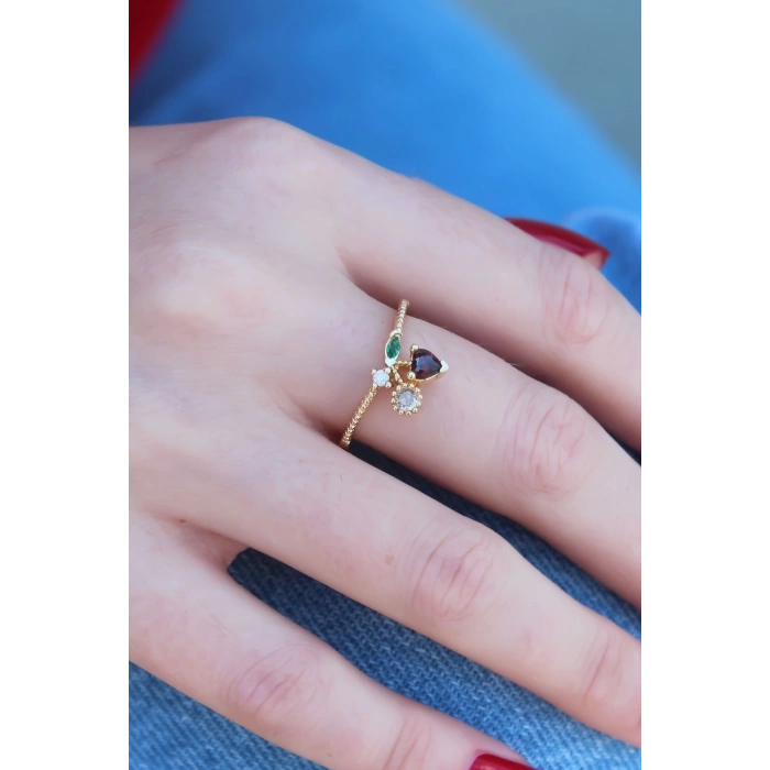 Mey İthalat® Gold Renk Kiraz Model Zirkon Taşlı Kadın Yüzük