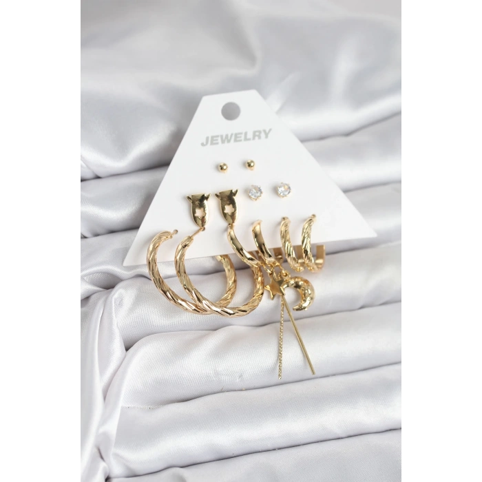 Mey İthalat® Gold Renk Pirinç 6lı Kadın Küpe Seti