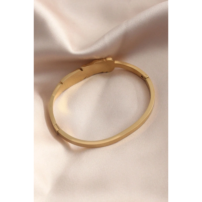 Mey İthalat® Gold Renk Yaprak Model Zirkon Taş Detay Kelepçe Kadın Bileklik