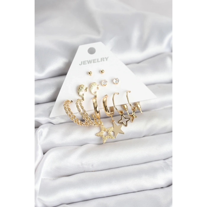 Mey İthalat® Gold Renk Yıldızlı Set 6 Çift Kadın Küpe Seti