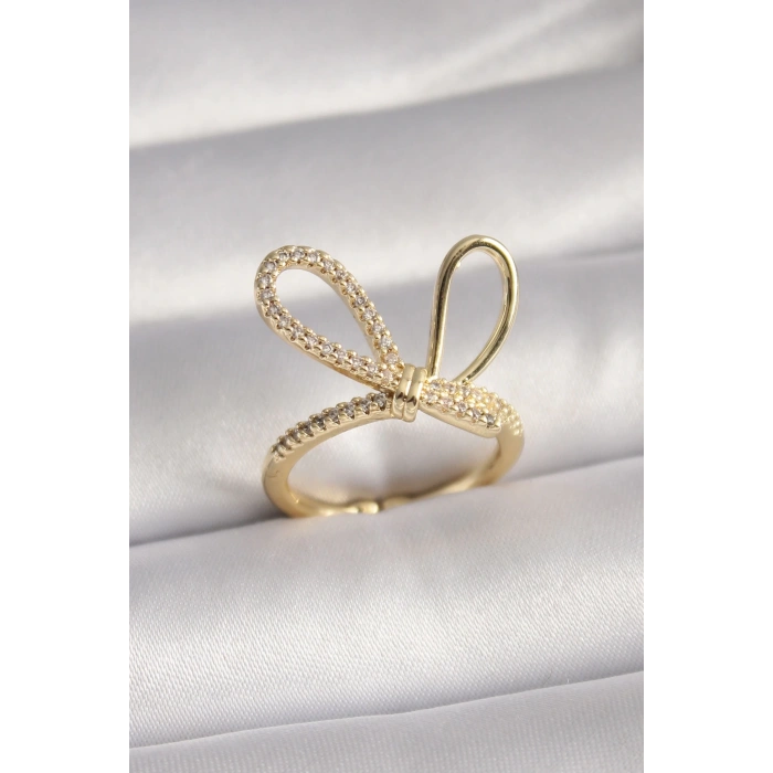 Mey İthalat® Gold Renk Zirkon Taşlı Düğüm Model Kadın Yüzük