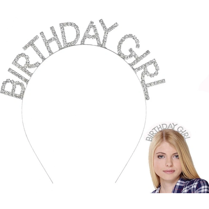 Mey İthalat® Gümüş Kristal Taşlı Birthday Girl Doğum Günü Tacı İthal Ürün  17x16 cm