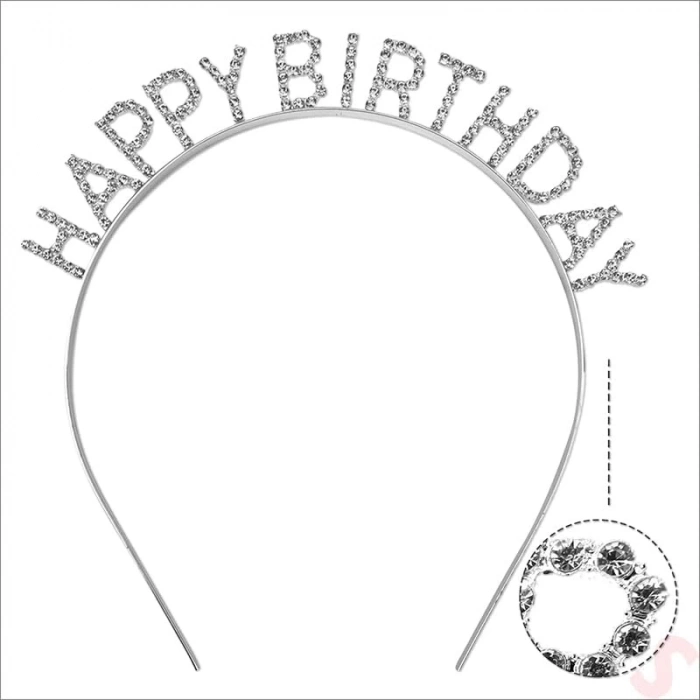Mey İthalat® Gümüş Kristal Taşlı Happy Birthday Doğum Günü Tacı İthal Ürün  17x16 cm
