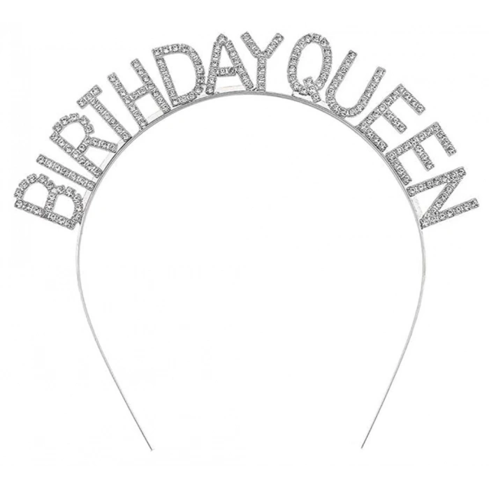 Mey İthalat® Gümüş Renk Kristal Taşlı Parlak Birthday Queen Yazılı Kraliçe Taç 16x17 cm