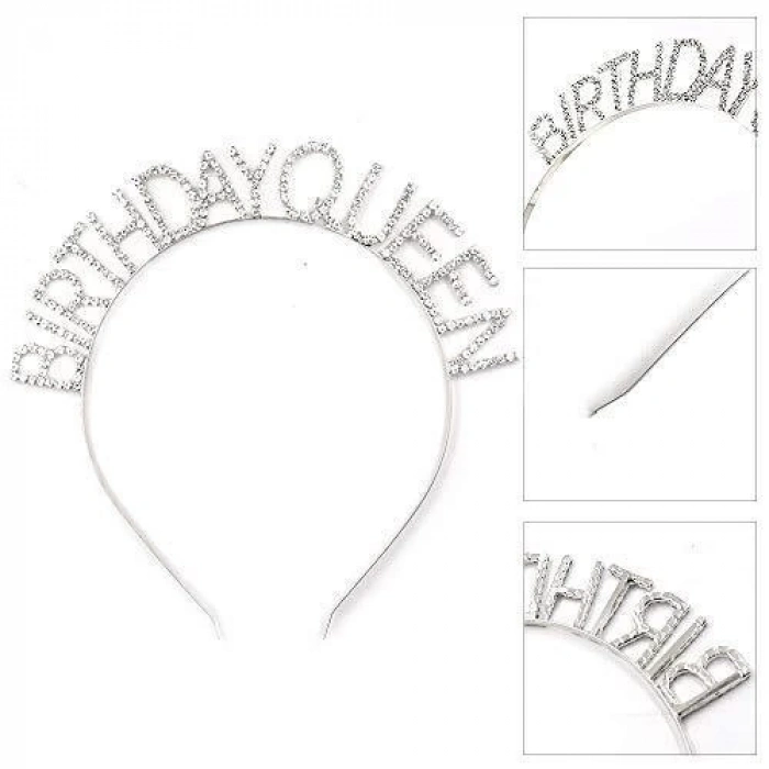 Mey İthalat® Gümüş Renk Kristal Taşlı Parlak Birthday Queen Yazılı Kraliçe Taç 16x17 cm