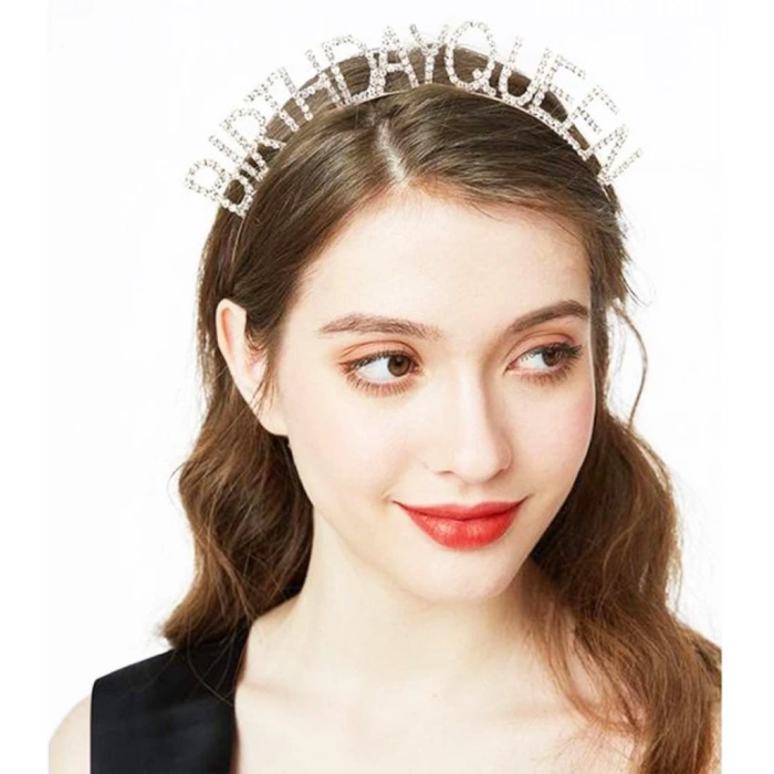 Mey İthalat® Gümüş Renk Kristal Taşlı Parlak Birthday Queen Yazılı Kraliçe Taç 16x17 cm