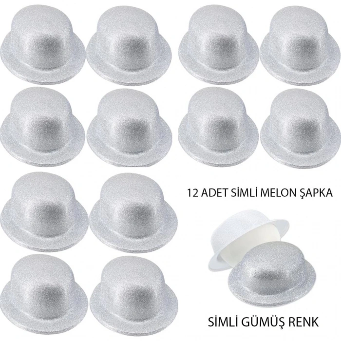 Mey İthalat® Gümüş Renk Simli Melon Yuvarlak Parti Şapkası 12 Adet