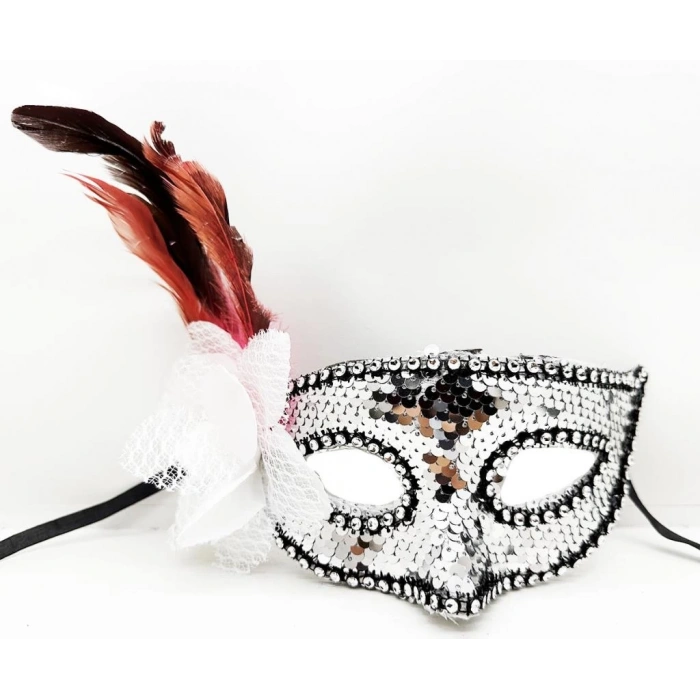 Mey İthalat® Gümüş Renk Yandan Tüylü Güllü Gümüş Taşlı Pullu Maske 20x22 cm