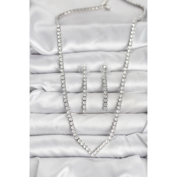 Mey İthalat® Gümüş Renk Zirkon Taşlı Kadın Kolye Küpe Seti