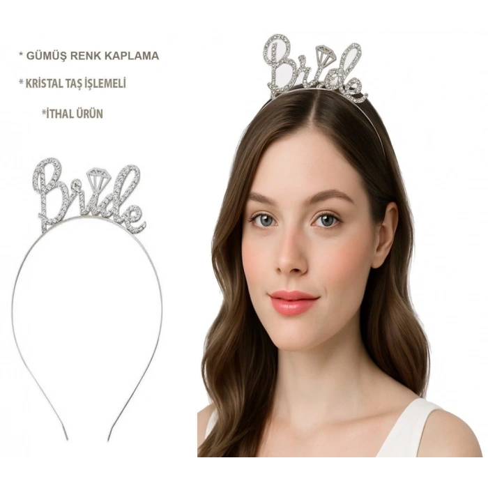 Mey İthalat® Gümüş Renkli Taşlı “Bride” Gelin Tacı – El Yazısı Yazı Tipiyle