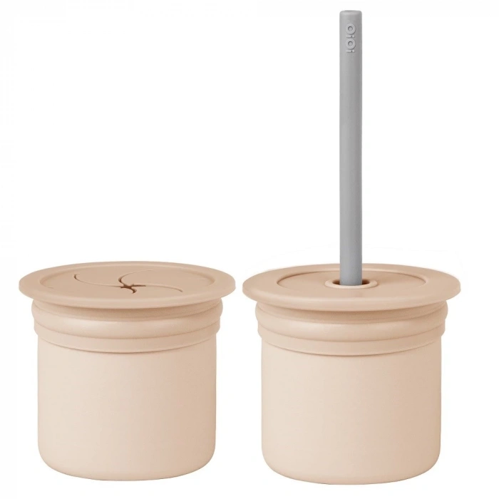 Mey İthalat®   Ham+Hüp Pipetli Silikon Bardak Seti Bubble Beige / Powder Grey