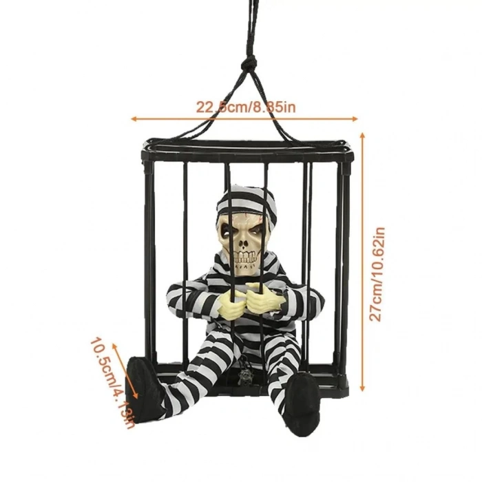 Mey İthalat® Hareketli Sesli Sensörlü Mahkum Görünümlü Kuru Kafa İskelet Dekorasyon 22x27 cm