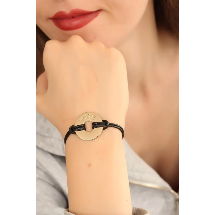 Mey İthalat® HOPE (Umutlu) Siyah Deri İpli Unisex Mood Bileklik