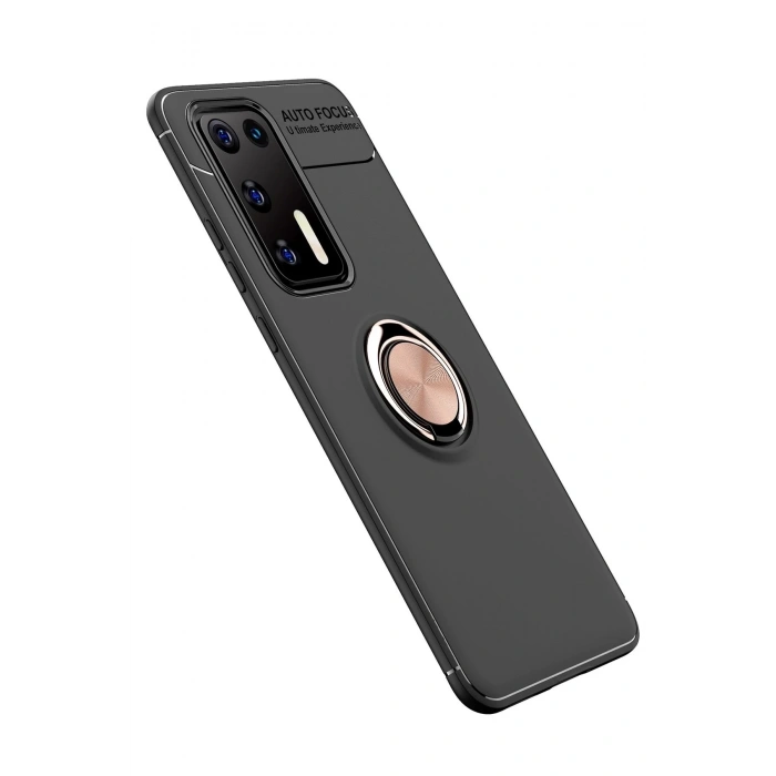Mey İthalat®  Huawei P40 Kılıf Range Yüzüklü Silikon - Siyah-Gold