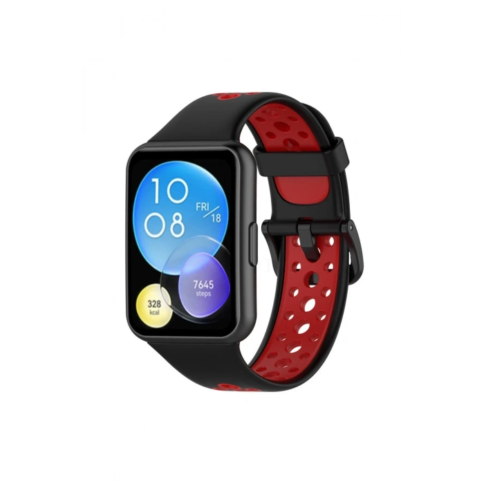 Mey İthalat®  Huawei Watch Fit 2 Spor Delikli Kordon - Siyah-Kırmızı