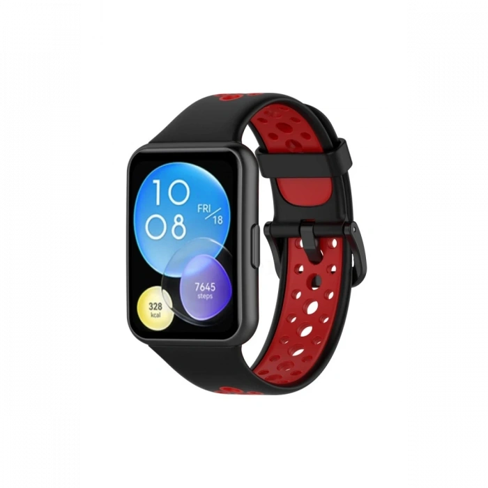 Mey İthalat®  Huawei Watch Fit 2 Spor Delikli Kordon - Siyah-Kırmızı