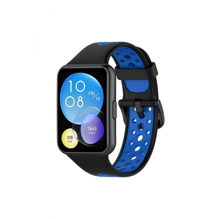 Mey İthalat®  Huawei Watch Fit 2 Spor Delikli Kordon - Siyah-Mavi