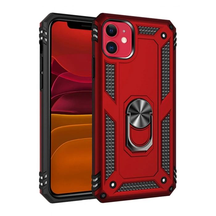 Mey İthalat®   iPhone 11 Kılıf Sofya Yüzüklü Silikon Kapak - Kırmızı