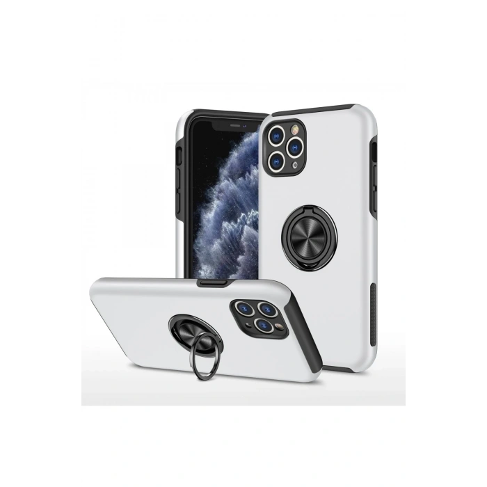 Mey İthalat®   iPhone 11 Pro Max Kılıf Elit Yüzüklü Kapak - Gümüş