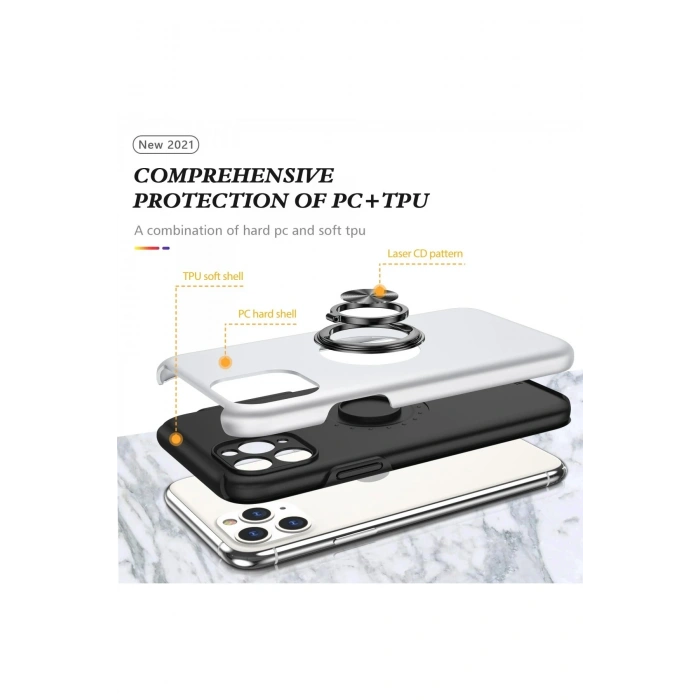 Mey İthalat®   iPhone 11 Pro Max Kılıf Elit Yüzüklü Kapak - Gümüş