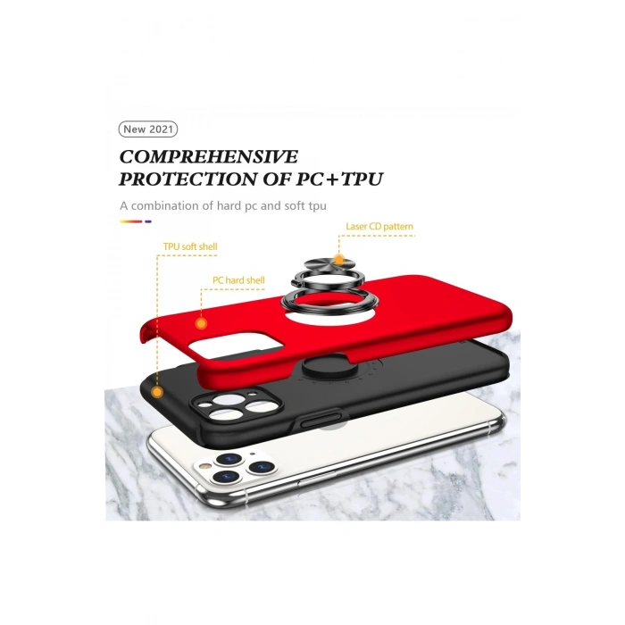Mey İthalat®   iPhone 11 Pro Max Kılıf Elit Yüzüklü Kapak - Kırmızı