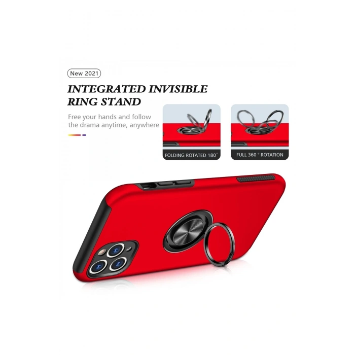 Mey İthalat®   iPhone 11 Pro Max Kılıf Elit Yüzüklü Kapak - Kırmızı