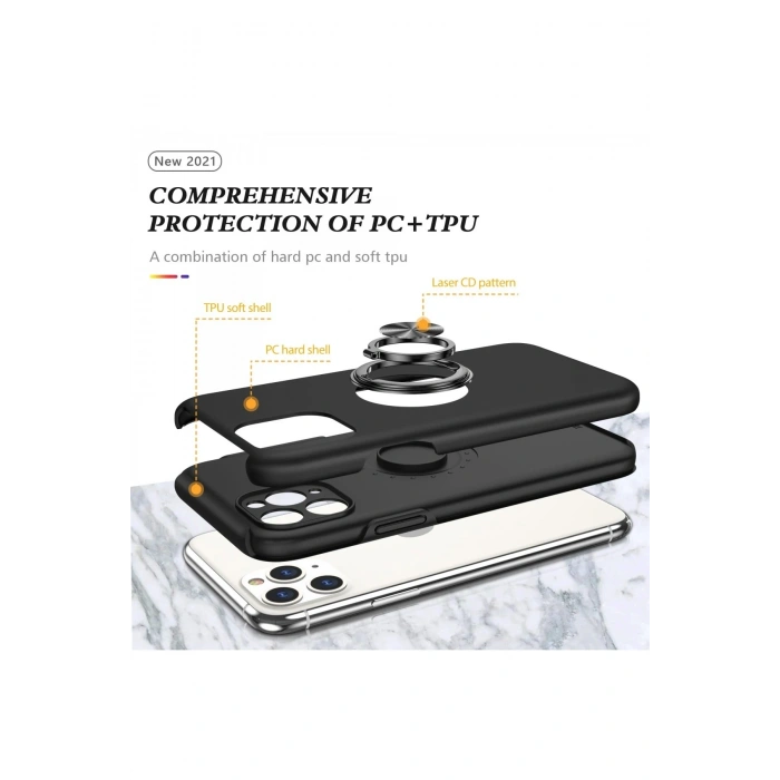 Mey İthalat®   iPhone 11 Pro Max Kılıf Elit Yüzüklü Kapak - Siyah