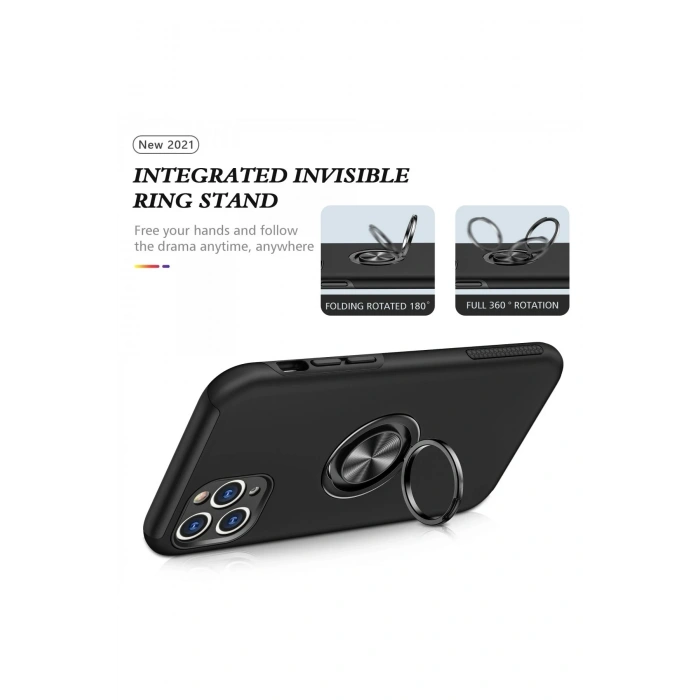 Mey İthalat®   iPhone 11 Pro Max Kılıf Elit Yüzüklü Kapak - Siyah