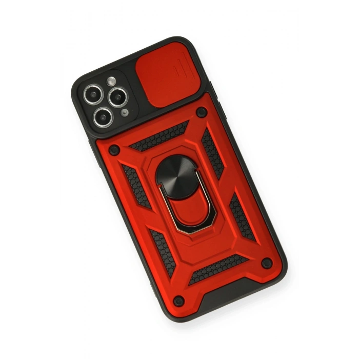 Mey İthalat®   iPhone 11 Pro Max Kılıf Pars Lens Yüzüklü Silikon - Kırmızı