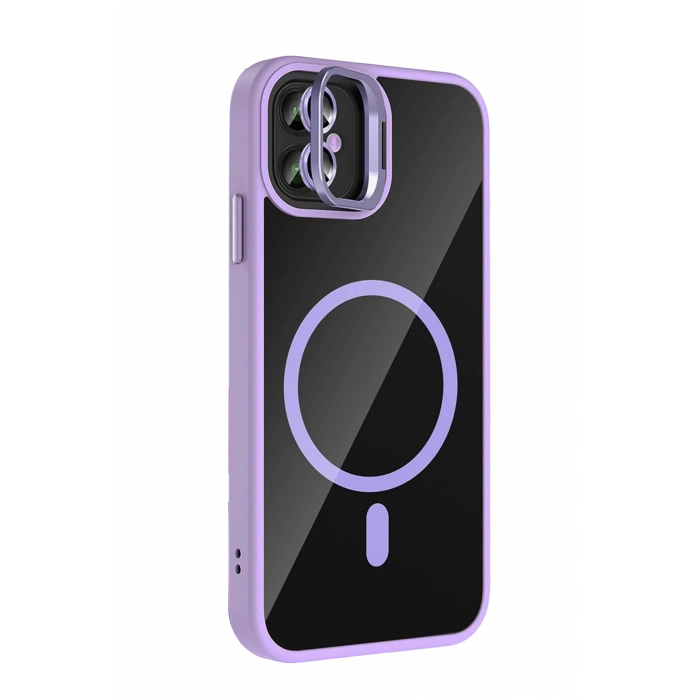 Mey İthalat®   iPhone 11 Remim Lensli Magsafe Standlı Kapak - Lila