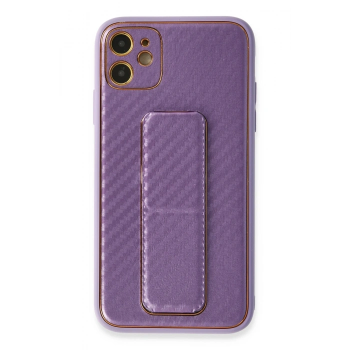 Mey İthalat®   iPhone 12 Kılıf Coco Karbon Standlı Kapak - Mor