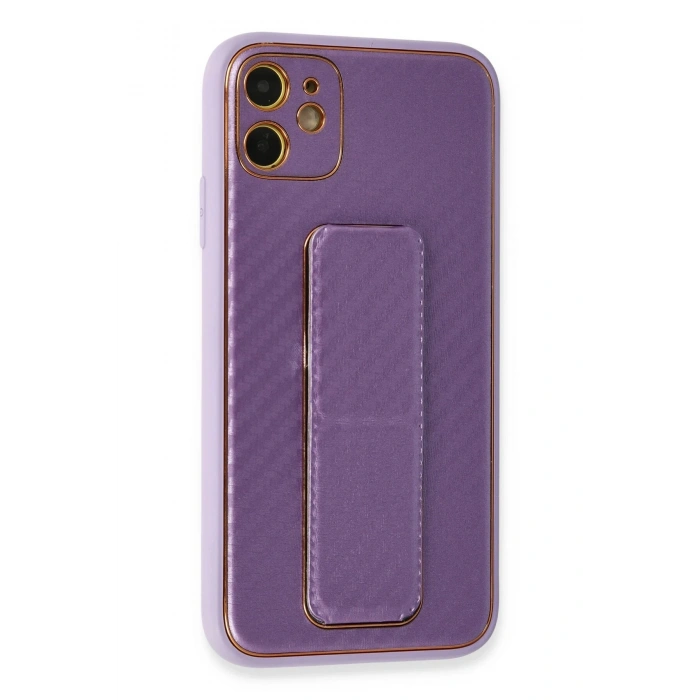 Mey İthalat®   iPhone 12 Kılıf Coco Karbon Standlı Kapak - Mor