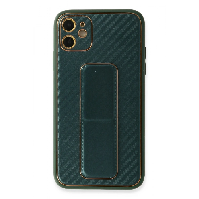 Mey İthalat®   iPhone 12 Kılıf Coco Karbon Standlı Kapak - Yeşil