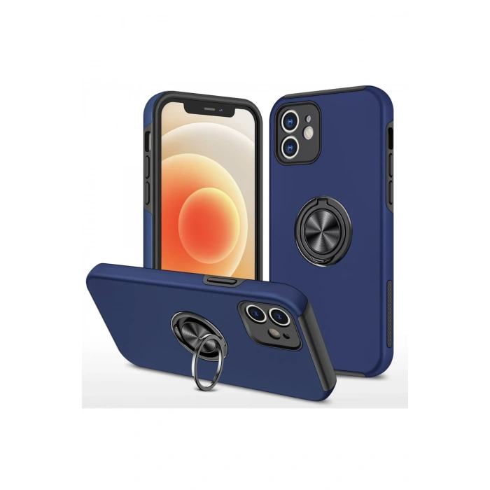 Mey İthalat®   iPhone 12 Kılıf Elit Yüzüklü Kapak - Lacivert