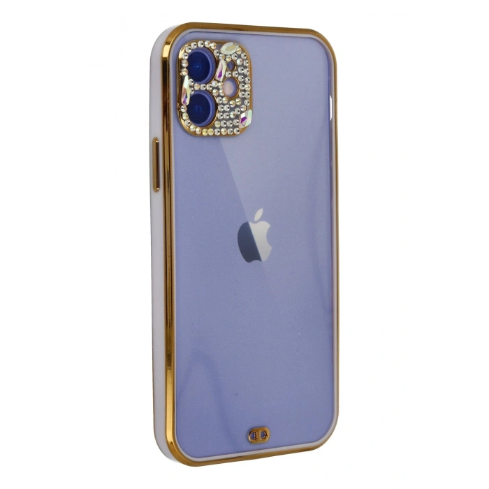 Mey İthalat®   iPhone 12 Kılıf Liva Taşlı Silikon - Mor