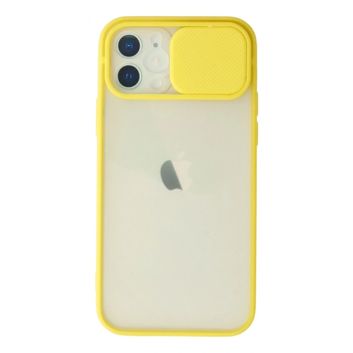 Mey İthalat®   iPhone 12 Kılıf Palm Buzlu Kamera Sürgülü Silikon - Sarı