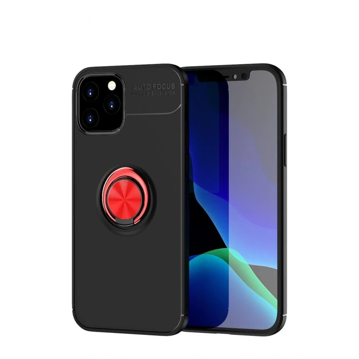 Mey İthalat®   iPhone 12 Kılıf Range Yüzüklü Silikon - Siyah-Kırmızı