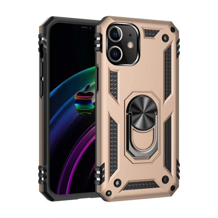 Mey İthalat®   iPhone 12 Kılıf Sofya Yüzüklü Silikon Kapak - Gold
