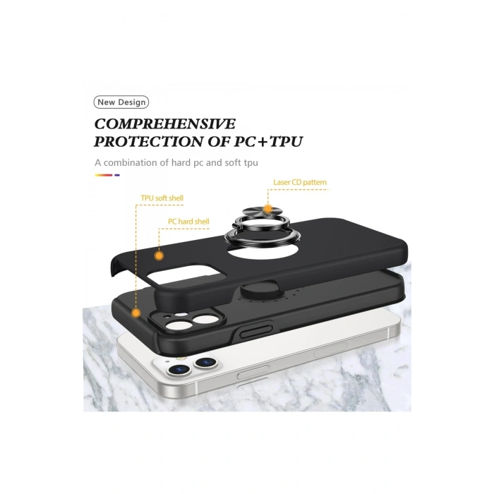 Mey İthalat®   iPhone 12 Mini Kılıf Elit Yüzüklü Kapak - Siyah